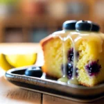 "Close-up of a single slice of Lemon Glazed Blueberry Boyfriend Bait Cake with fresh blueberries and dripping lemon glaze on a rustic plate."