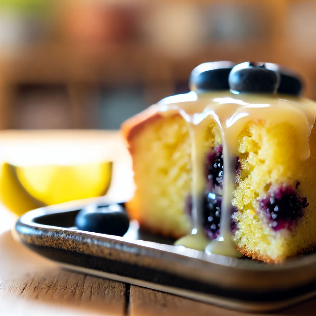 "Close-up of a single slice of Lemon Glazed Blueberry Boyfriend Bait Cake with fresh blueberries and dripping lemon glaze on a rustic plate."