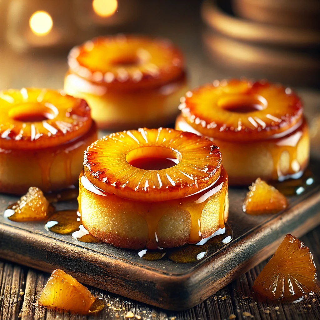 A close-up shot of mini pineapple upside-down cheesecakes, featuring caramelized pineapple rings atop golden, moist cakes with syrup dripping down the sides. The desserts are placed on a rustic wooden board with scattered pineapple chunks and syrup.