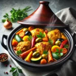 Moroccan chicken tagine with vegetables and olives in a black tagine pot, garnished with parsley and steam rising.