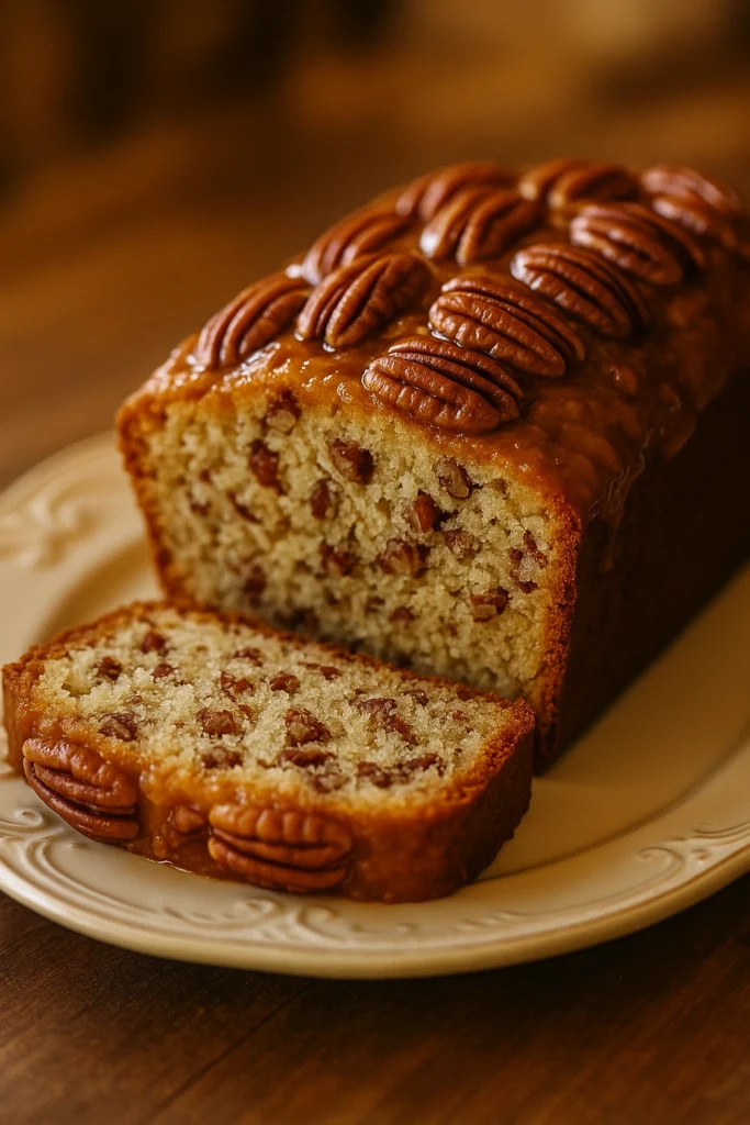 Homemade Alabama Pecan Bread with Caramel Glaze and Whole Pecans A moist Alabama pecan bread loaf topped with glossy caramel glaze and whole pecans, with one slice cut to reveal its dense, nutty interior.