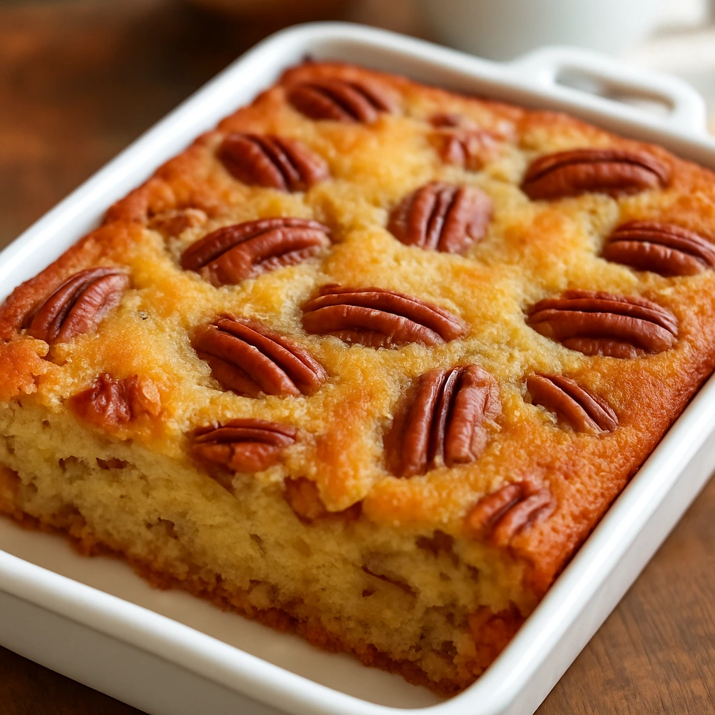Golden Alabama Pecan Bread with Honey Butter Glaze in White Baking Dish Freshly baked honey butter glazed Alabama pecan bread topped with whole pecans in a white baking dish.