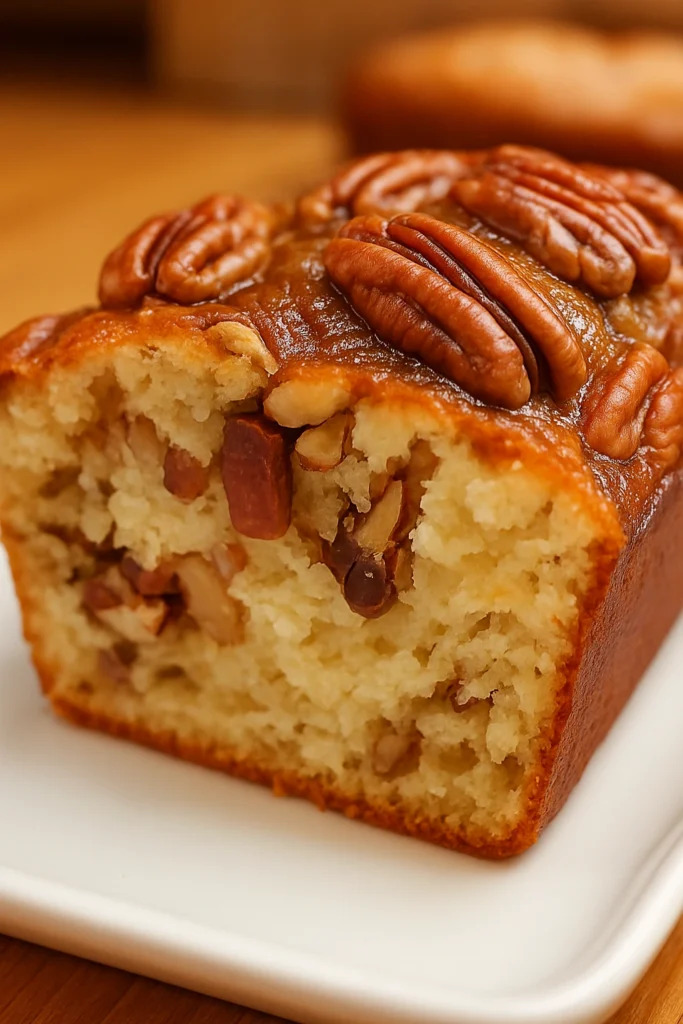 Moist Alabama Pecan Bread with Caramel Glaze and Toasted Pecans Close-up of a moist Alabama pecan bread loaf topped with caramel glaze and whole pecans on a white plate.