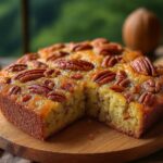 Moist Alabama pecan bread with honey butter glaze, topped with whole pecans, displayed on a wooden board.