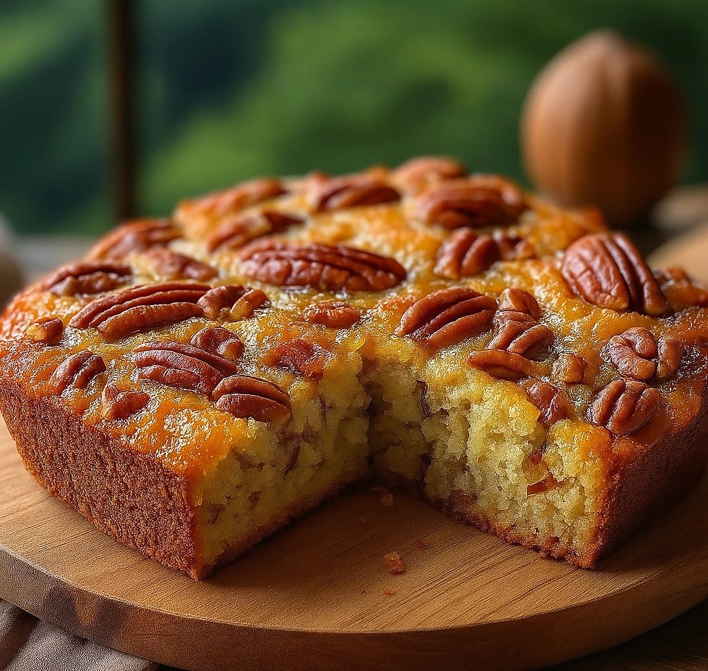 Moist Alabama pecan bread with honey butter glaze, topped with whole pecans, displayed on a wooden board.