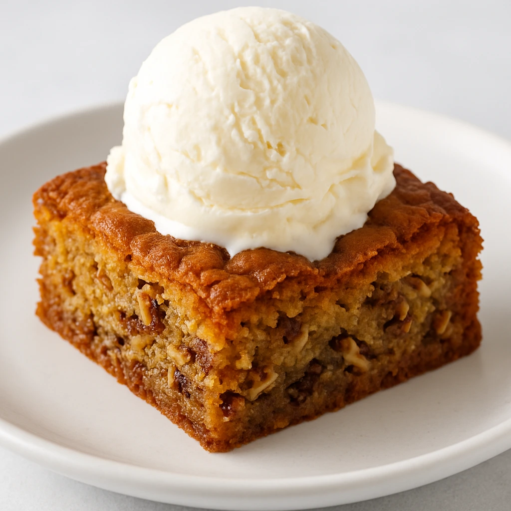 Warm Alabama Pecan Bread with Vanilla Ice Cream A moist slice of Alabama pecan bread topped with a scoop of vanilla ice cream on a white plate.