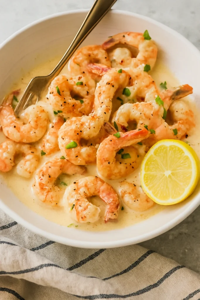 Creamy Garlic Paprika Shrimp with Lemon in White Bowl Creamy garlic paprika shrimp in a white bowl, garnished with chopped herbs and a lemon slice.