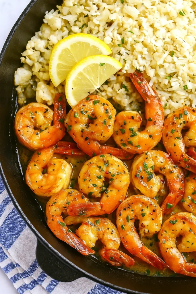 Garlic paprika shrimp served with lemon slices and cauliflower rice in a cast iron skillet.