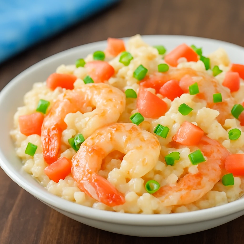 Creamy Garlic Paprika Shrimp and Rice Bowl with Fresh Tomatoes and Green Onions Creamy garlic paprika shrimp with diced tomatoes and green onions served over rice in a white bowl