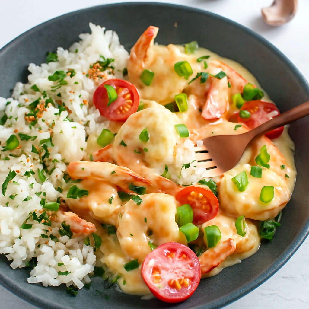 Garlic Paprika Shrimp with Rice, Cherry Tomatoes, and Creamy Sauce Creamy garlic paprika shrimp served with white rice, cherry tomatoes, and green onions in a dark bowl.