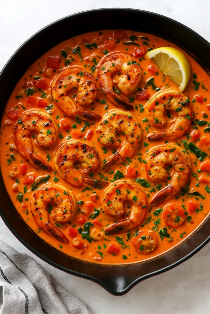 Creamy Garlic Paprika Shrimp in Skillet with Tomato Herb Sauce Garlic paprika shrimp simmering in a creamy tomato-based sauce with herbs and a lemon wedge in a black skillet.